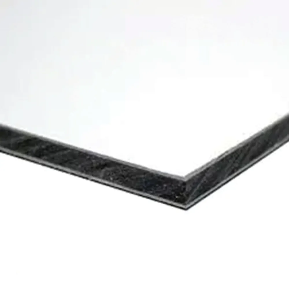 Square edge of Max Metal sheet showing two white layers and an inner black plastic layer.