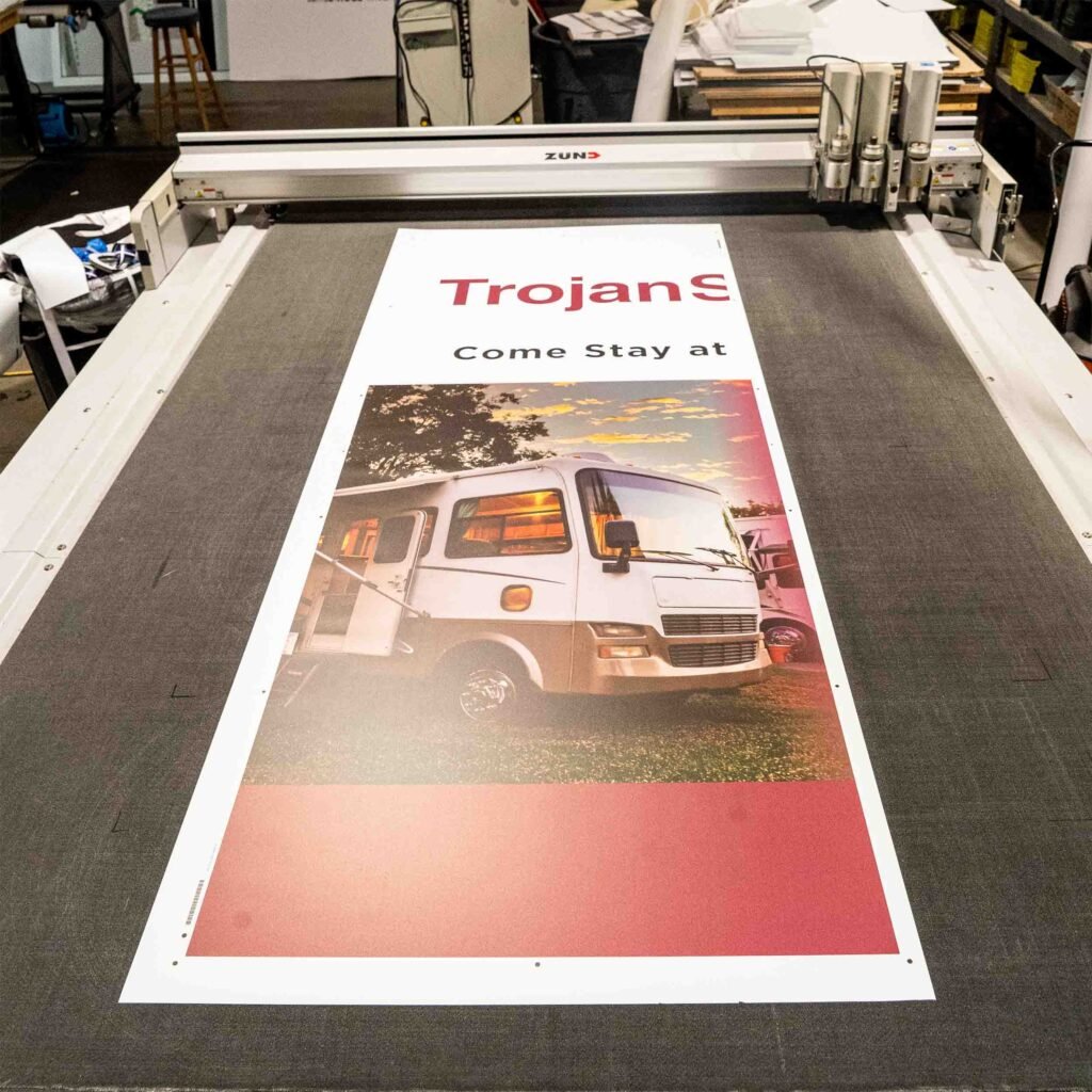 Printing a pop-up banner on flat bed cutter.