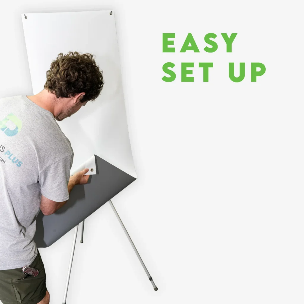 Man is setting up an X banner on a white background.