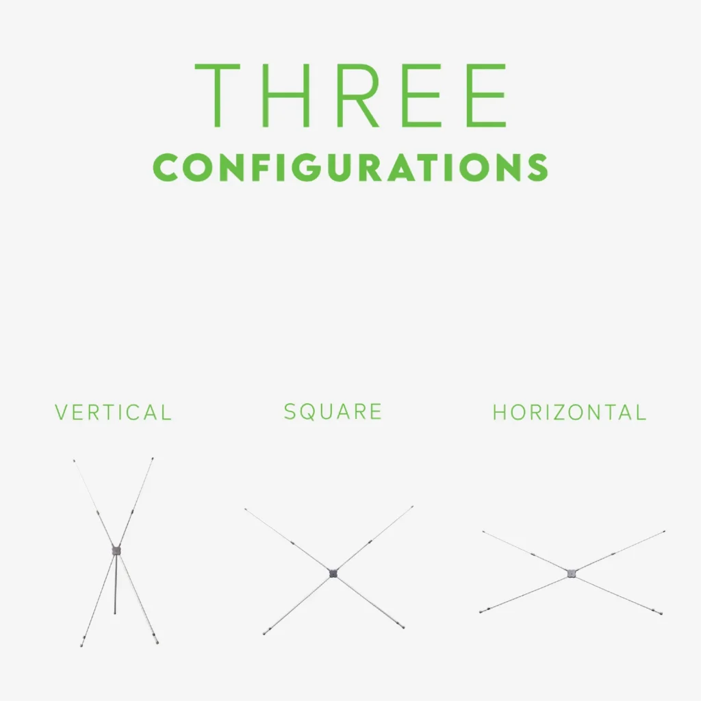 Illustration of three variations of setup for X banner frame on a white background.